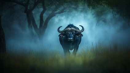 Majestic indian gaur bull walking through a misty forest at dawn