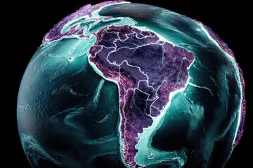 Detailed 3D map of South America, highlighted continents,  ocean,  and landmasses