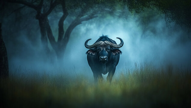 Majestic indian gaur bull walking through a misty forest at dawn