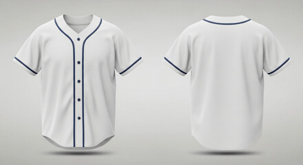 Realistic 3D mockup showcasing front and back views of a blank baseball jersey with navy blue accents on a neutral background