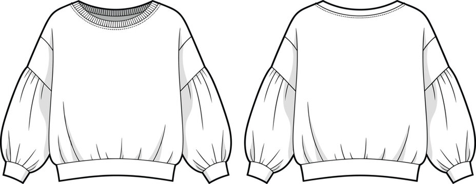  Fashion Oversized Balloon Sleeve Sweatshirt with Ribbed Hem and Cuffs, Casual and Comfortable Apparel Vector Illustration.