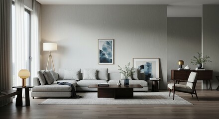 Fototapeta premium Modern living room interior design with sectional sofa and stylish decor for home staging ideas