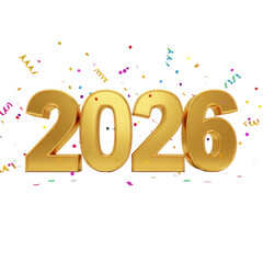 Golden year 2026 celebration with confetti and streamers isolated on transparent background