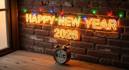 Neon "Happy New Year 2026" sign above clock on wood, brick wall background