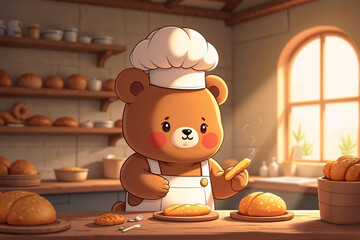 Charming illustration of a friendly bear chef in a rustic bakery kitchen. The character holds a fresh, steaming pastry with morning sunlight warming the scene. Adorable and welcoming.