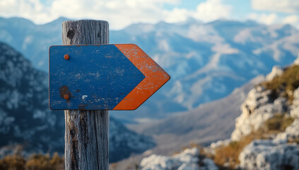 Weathered blue directional signpost pointing right on a wooden post with majestic mountain landscape background
