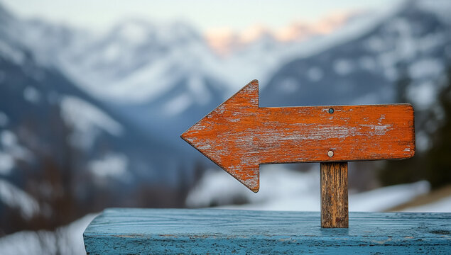 Rustic orange arrow sign pointing left against a blurred background of snowy mountains and sky