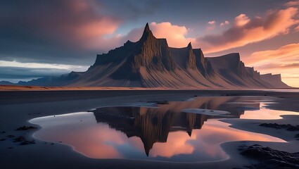 Jagged mountain range reflected in calm water on a beach at sunset with pink clouds peaks reflection