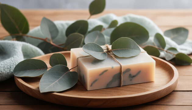 Natural Soap Serenity: A minimalist, overhead shot reveals handmade soap bars nestled in a wooden plate, adorned with eucalyptus leaves and subtle wooden table.