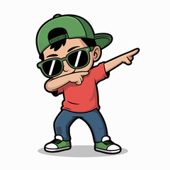 Illustration of cartoon boy with sunglasses and cap doing the dab dance pose, a cool and trendy character in hip hop style, isolated on white background, vector illustration for fashion and