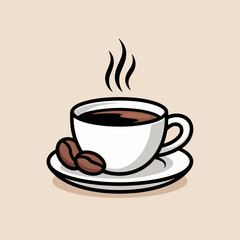 Illustration of a steaming cup of coffee with two coffee beans on a saucer, perfect for a morning pickmeup or a relaxing break at a cafe, showcasing the rich aroma and flavor of freshly