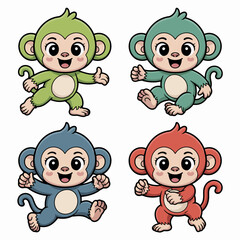 Illustration of collection of cute cartoon monkeys isolated on white background happy animal characters in vibrant colors, perfect for childrens illustrations and playful designs