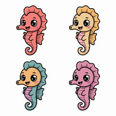 Illustration of four adorable cartoon seahorses isolated on white background, each with a unique color, showcasing a cute and playful design perfect for childrens illustrations and