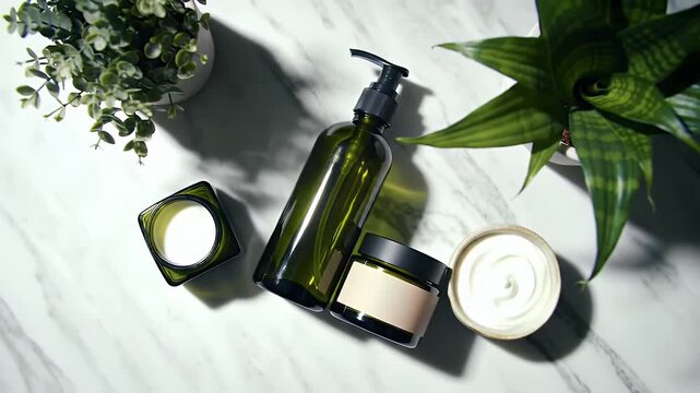 Elegant Dark Green Cosmetic Product Set on White Marble Table with Greenery