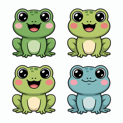 Illustration of cute and cheerful cartoon frog characters isolated on white background, showcasing a collection of adorable amphibian illustrations for childrens designs and playful projects