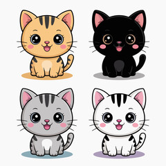 Illustration of four adorable cartoon kittens isolated on white background, showcasing different colors and patterns, perfect for childrens illustrations and cute animalthemed designs