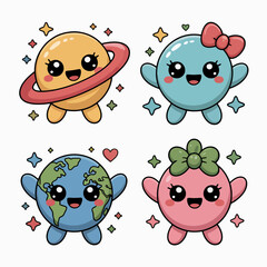 Illustration of four adorable cartoon planets isolated on white background, a cute and colorful kawaii illustration of celestial bodies with stars, perfect for childrens designs and