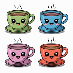 Illustration of four kawaii cups with different colors isolated on white background each cup has a cute face, steam and is placed on a saucer, perfect for menu or card design