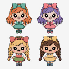 Illustration of four cute girls with different hair colors isolated on white background each girl has a bow, dress and is perfect for childrens book or card design