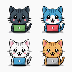 Illustration of cute cartoon cat character with laptop isolated on white background adorable kitten working on computer vector illustration of kawaii animal design for kids and children