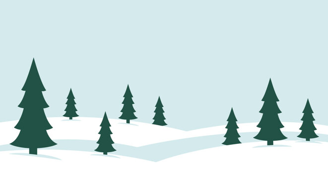 Minimalist Winter Landscape with Evergreen Trees and Snow Covered Hills