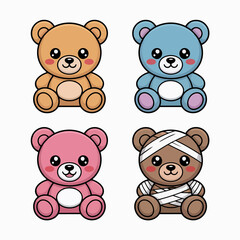 Illustration of adorable set of four colorful teddy bears isolated on white background, each with a unique color and a cute kawaii face, perfect for adding a touch of sweetness to any