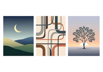 Three Minimalist Art Prints Night Landscape Abstract Curves Tree Sunset