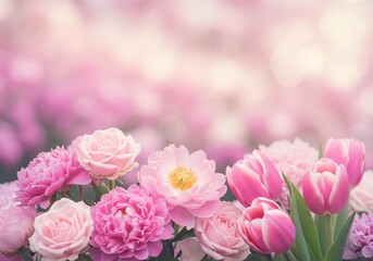 Fototapeta premium Close-up of pink roses, tulips, and peonies in full bloom with a soft bokeh background, symbolizing beauty, romance, and spring.