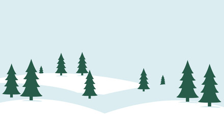 Minimalist Winter Landscape with Evergreen Trees and Snow Covered Hills