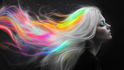 Young woman with white hair and vibrant rainbow colors flowing through her hair against a dark background