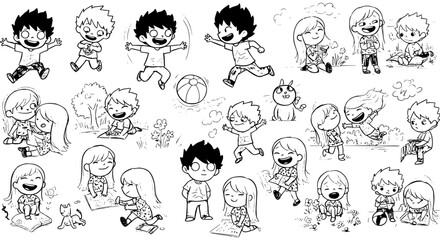 Joyful cartoon kids engaged in diverse activities like playing, reading, drawing, and outdoor fun. Black and white line art illustrations depicting happy childhood moments.