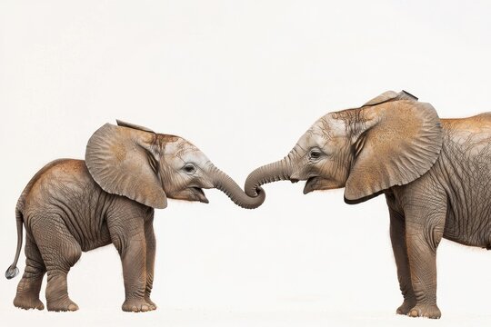 Baby and Mother Elephant Trunks Touching on White Background