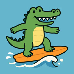 Illustration of a cheerful cartoon crocodile is surfing on an orange surfboard, riding a wave in the ocean, creating a fun and playful scene perfect for summer vacation and tropical