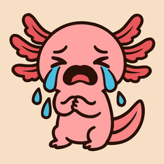Illustration of a cute cartoon axolotl is crying with big tears, expressing sadness and loneliness in a kawaii style, perfect for conveying emotions or representing mental health issues