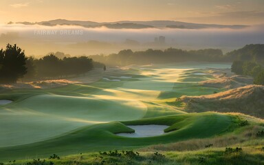 Misty Golf Course Landscape at Sunrise with Golden Light nature