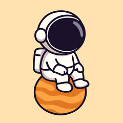 Illustration of cute astronaut in spacesuit sitting on a planet, exploring outer space and discovering new worlds, a cartoon illustration on a yellow background