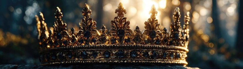 Glorious crown for antique fantasy concept. A majestic golden crown illuminated by soft forest light.