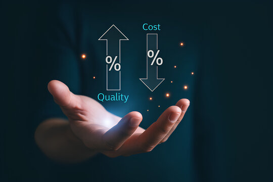 A hand holds glowing arrows showing increasing quality and decreasing cost percentages.