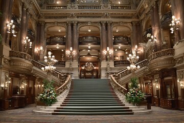 Fototapeta premium Majestic Grand Staircase Opulent Interior of Historic Theater or Opera House.