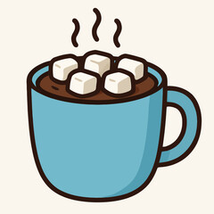 Illustration of a steaming mug of hot chocolate topped with marshmallows, ideal for winter holidays, cafe menus, or cozy designs, showcasing a comforting and sweet beverage illustration
