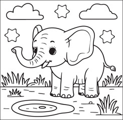 Cute Baby Elephant by Pond Coloring Page Ai Generated