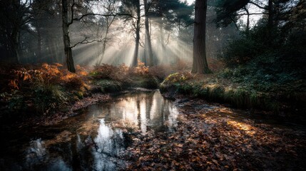 Obraz premium A forest stream reflects the morning light, filtered through trees creating an ethereal scene
