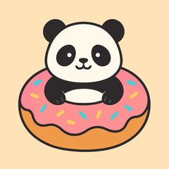 Illustration of a cute panda bear enjoying a sweet treat, floating in a pink donut with colorful sprinkles, a delightful cartoon illustration perfect for sweetthemed designs and playful