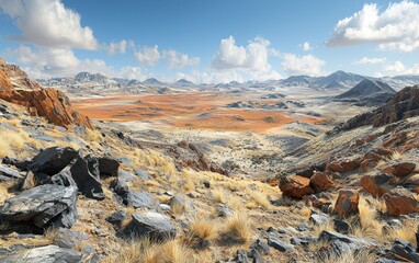 Panoramic view of a colorful arid landscape with rugged mountains and dry vegetation