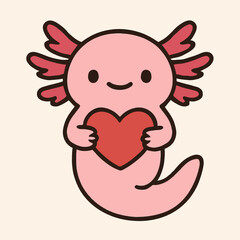 Illustration of cute pink axolotl holding a heart isolated on white background adorable cartoon amphibian with a heart for love, valentine, or birthday vector illustration of a kawaii