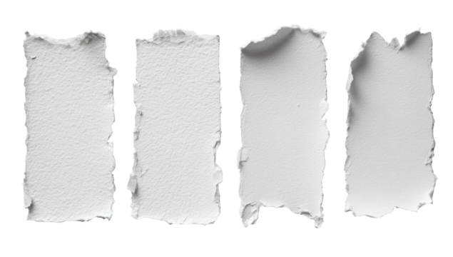 Four torn, textured white paper rectangles