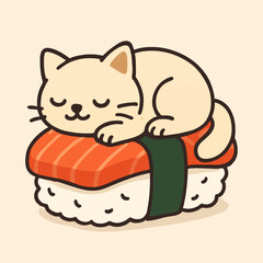 Illustration of a charming cartoon illustration of a cute cat napping peacefully on a delicious piece of salmon sushi, showcasing a delightful blend of feline charm and culinary delight