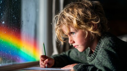 Child Drawing by Window with Rainbow Outside in a Cozy Indoor Setting