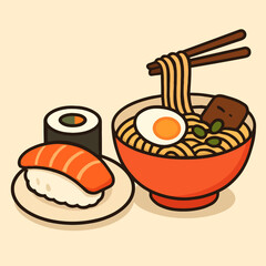 Illustration of a delightful cartoon illustration of ramen and sushi, showcasing the essence of japanese cuisine with vibrant colors and appetizing details, isolated on white background