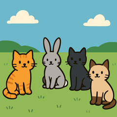 Illustration of a delightful cartoon illustration showcasing a group of adorable animals, including cats and a rabbit, enjoying a sunny day in a lush green field under a bright blue sky